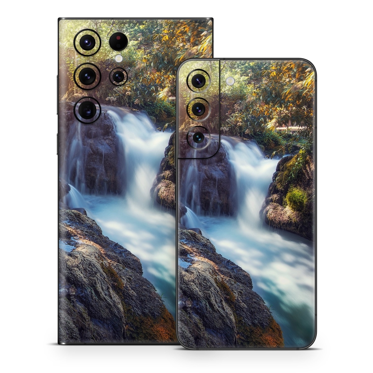 Samsung Galaxy S22 Series Skin design of Waterfall, Natural landscape, Body of water, Nature, Water resources, Water, Watercourse, Stream, Nature reserve, Rock, with gray, yellow, orange, green, white, blue colors