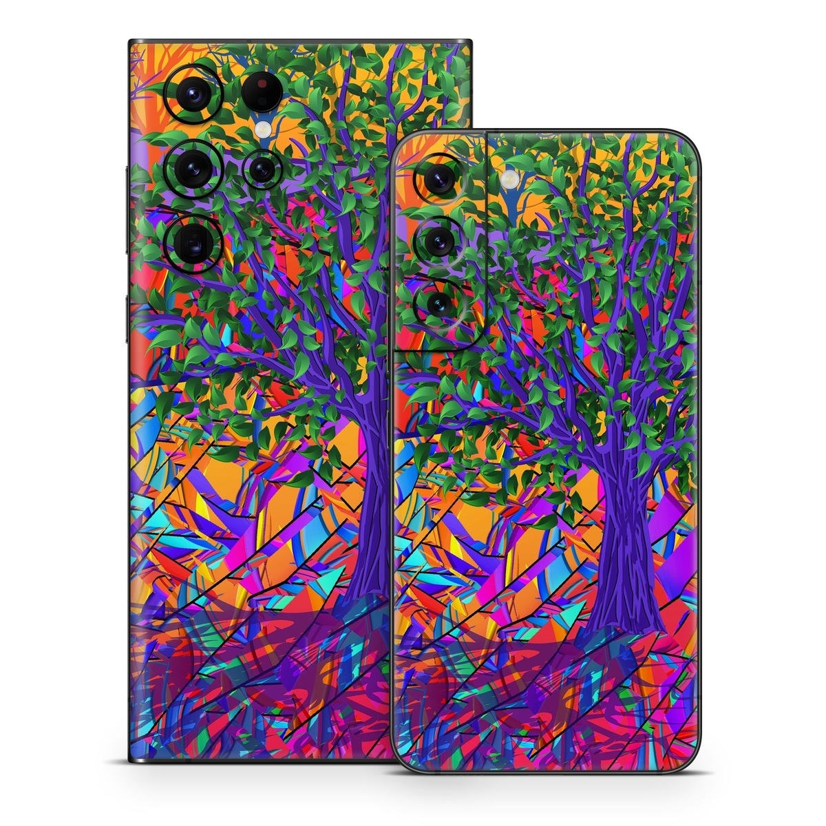 Samsung Galaxy S22 Series Skin design of Psychedelic art, Pattern, Visual arts, Art, Plant, Acrylic paint, Modern art, with green, purple, orange, blue, purple, yellow, red colors