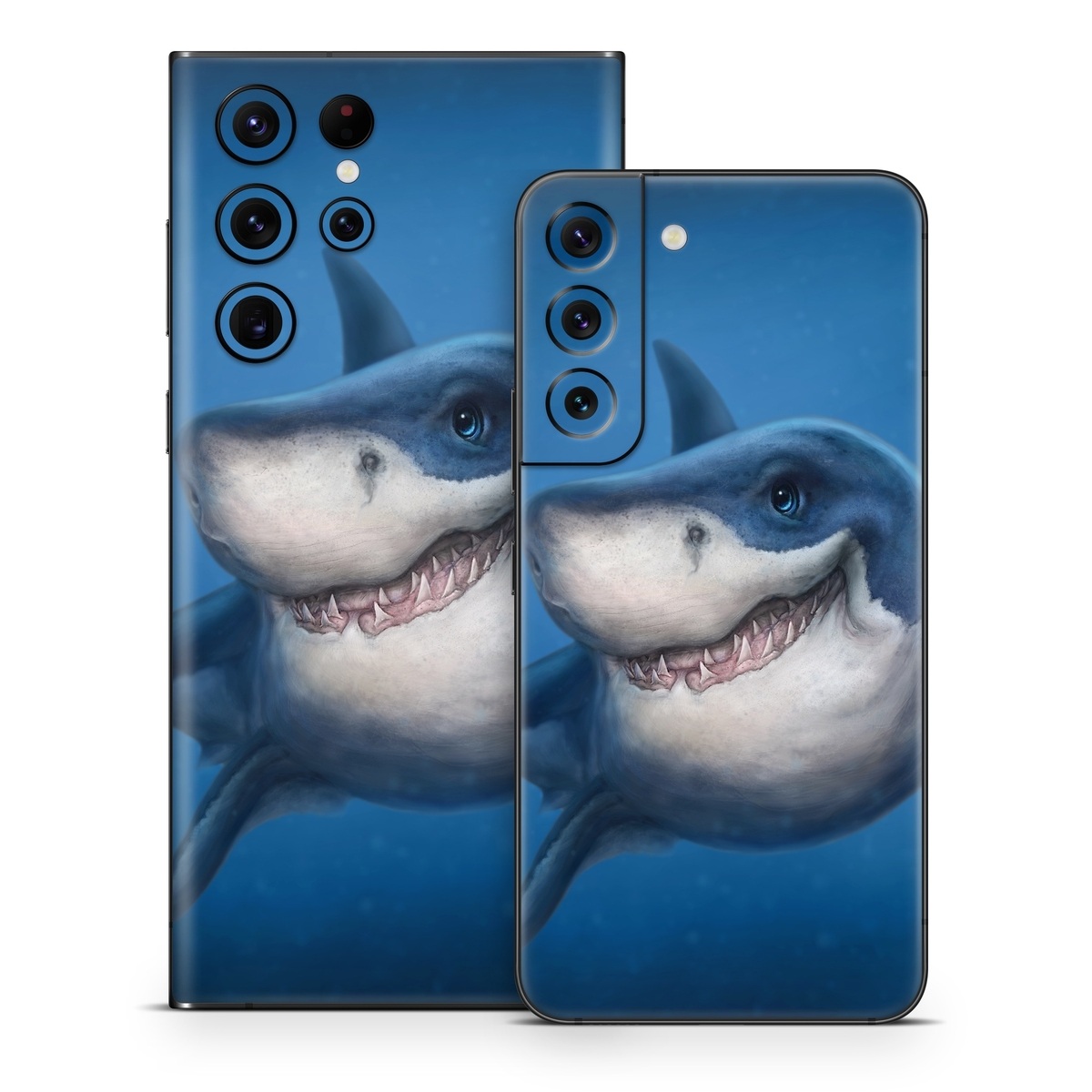 Samsung Galaxy S22 Series Skin design of Fish, Great white shark, Shark, Tiger shark, Cartilaginous fish, Requiem shark, Lamniformes, Bull shark, Carcharhiniformes, with black, blue, gray colors