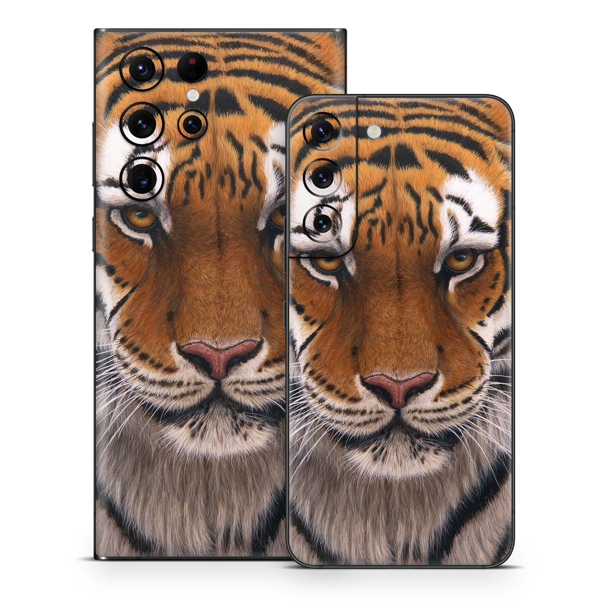 Samsung Galaxy S22 Series Skin design of Tiger, Mammal, Wildlife, Terrestrial animal, Vertebrate, Bengal tiger, Whiskers, Siberian tiger, Felidae, Snout, with black, gray, red, green, pink colors