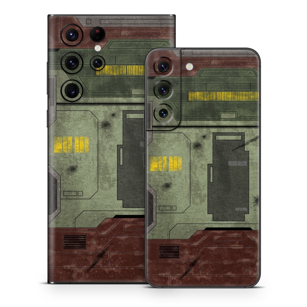 Samsung Galaxy S22 Series Skin design of Rectangle, Screenshot, Font, Wood, Pattern, Symmetry, Machine, Gas, Parallel, Engineering, with red, green, yellow, black, gray, white colors