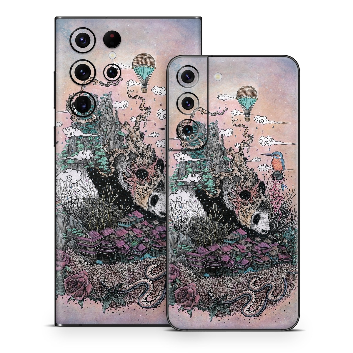 Samsung Galaxy S22 Series Skin design of Illustration, Art, Fictional character, Printmaking, Marsupial, Graphic design, Rodent, Possum, with gray, black, red, blue, purple colors