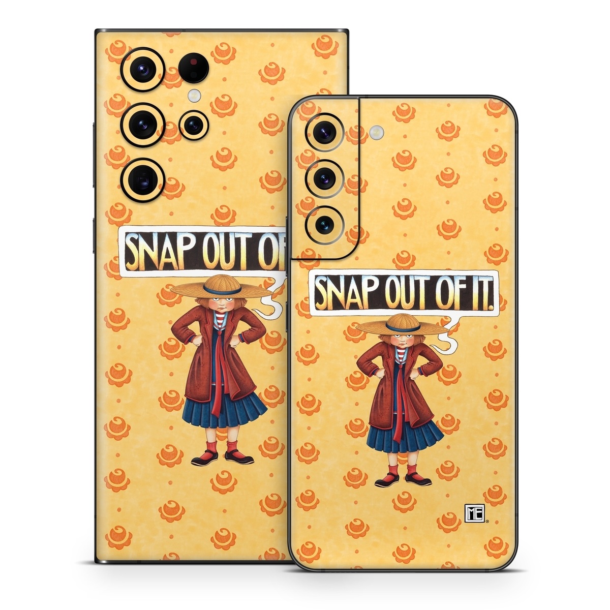 Samsung Galaxy S22 Series Skin design of Cartoon, Illustration, Poster, Animated cartoon, Fiction, Anime, Art, Fictional character, Games, with pink, orange, black, red, gray, white colors