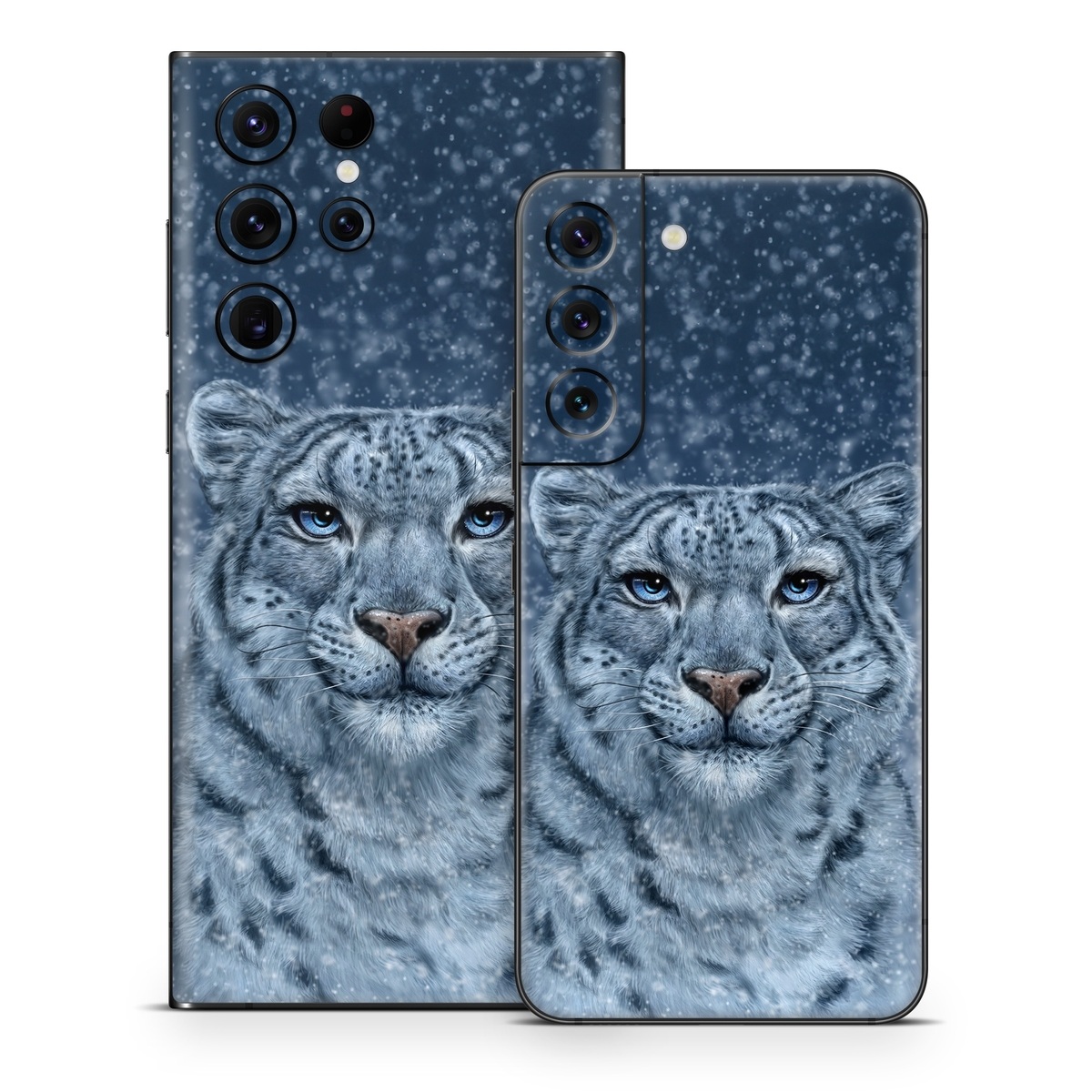Samsung Galaxy S22 Series Skin design of Snow, Carnivore, Felidae, Whiskers, Terrestrial animal, Snout, Big cats, Painting, Fur, Illustration, with white, black, blue, gray colors