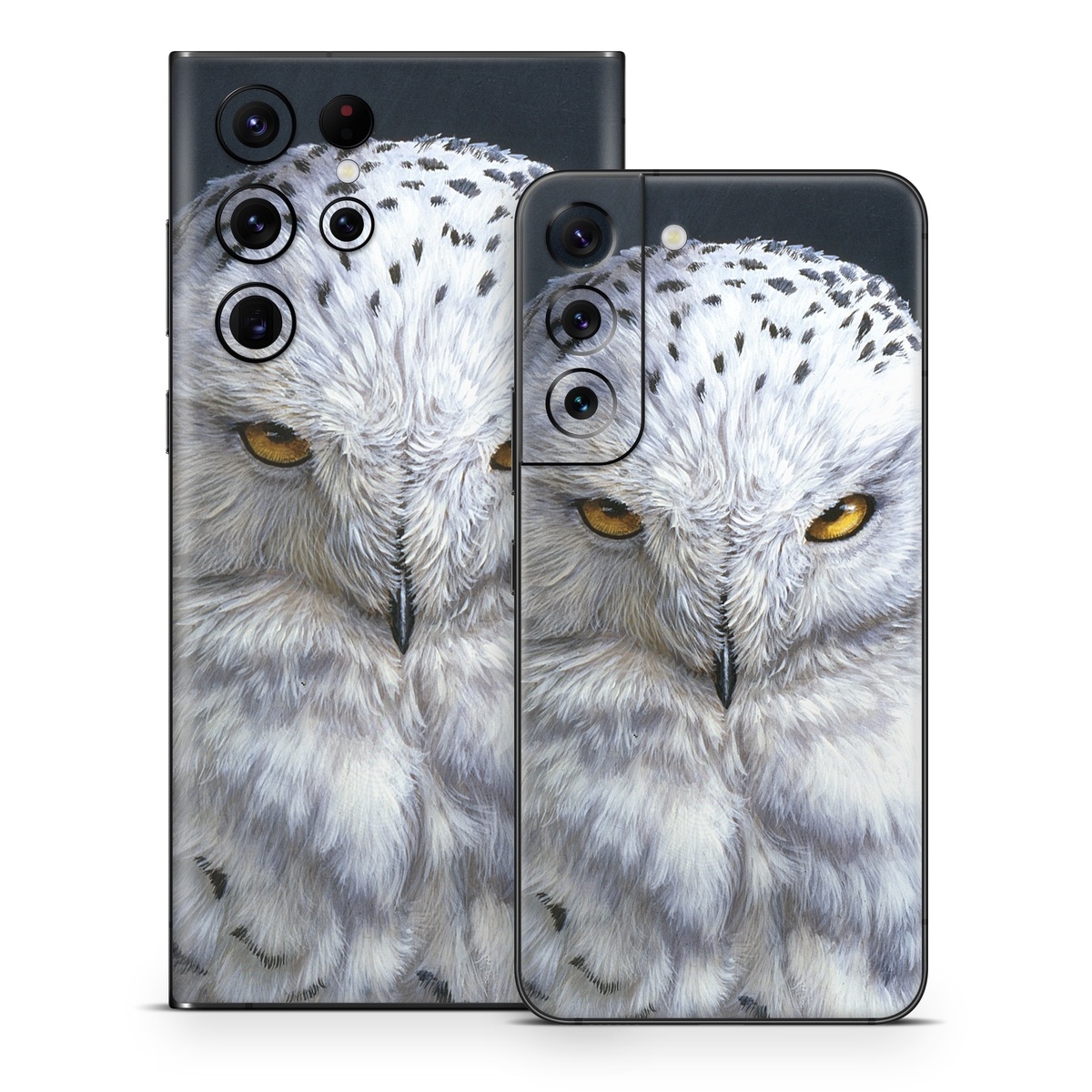 Samsung Galaxy S22 Series Skin design of Owl, Bird, Bird of prey, Snowy owl, great grey owl, Close-up, Eye, Snout, Wildlife, Eastern Screech owl, with gray, white, black, blue, purple colors
