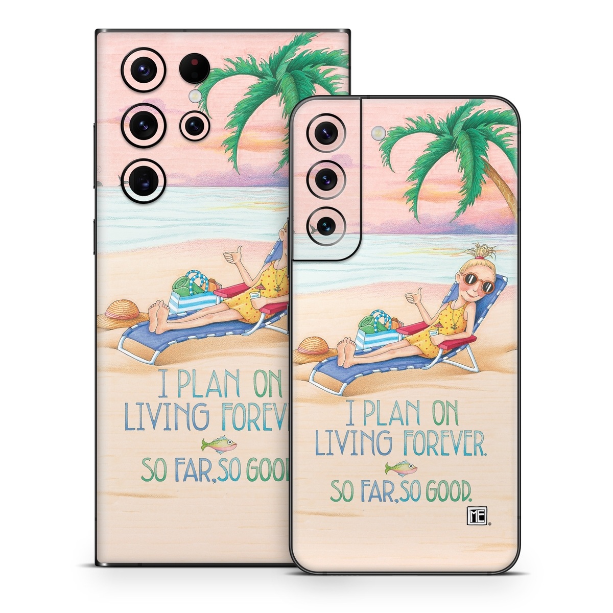 Samsung Galaxy S22 Series Skin design of Vacation, Product, Summer, Aqua, Illustration, Sun tanning, Fictional character, Caribbean, Graphics, Happy, with pink, green, brown, yellow, blue, white, red colors