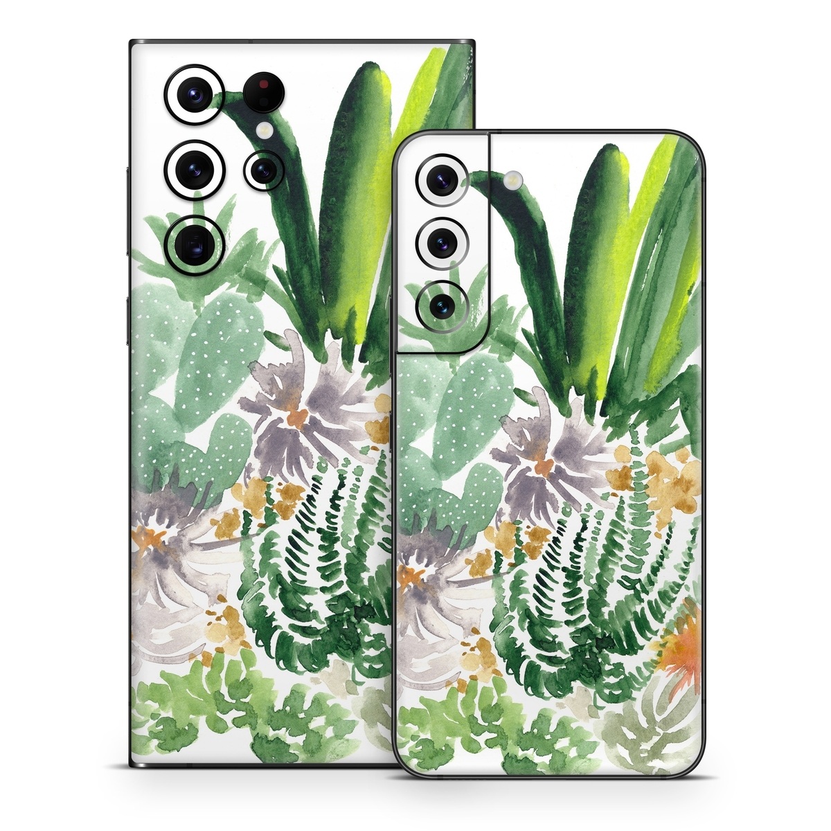 Samsung Galaxy S22 Series Skin design of Cactus, Plant, Flower, Botany, Leaf, Illustration, Pine, Grass, Succulent plant, Branch, with white, green, red, orange colors