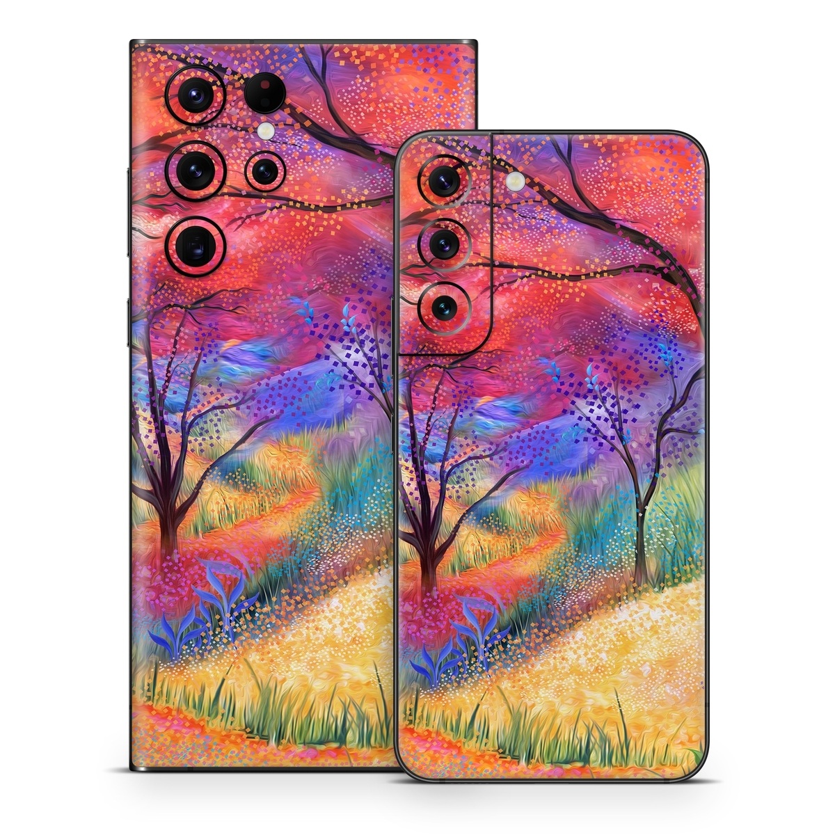 Samsung Galaxy S22 Series Skin design of Plant, Art paint, Paint, Botany, Natural environment, Natural landscape, Leaf, Branch, People in nature, Tree, with red, blue, yellow, green, purple, orange, black, white colors