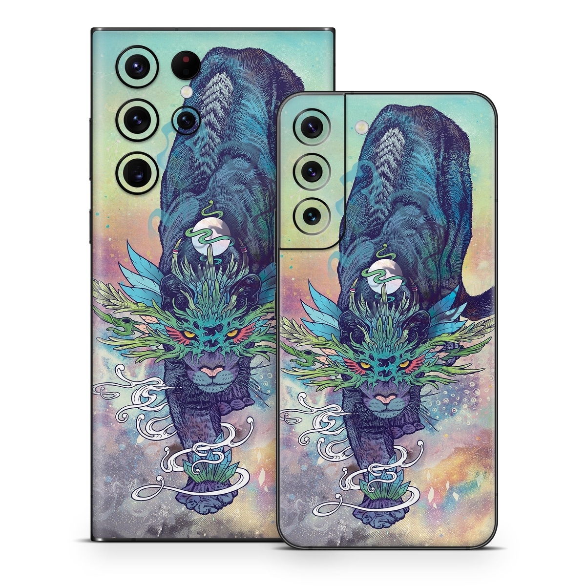 Samsung Galaxy S22 Series Skin design of Illustration, Fictional character, Graphic design, Demon, Art, Fiction, Cg artwork, Supernatural creature, with blue, green, black, white, yellow, orange, pink, purple colors