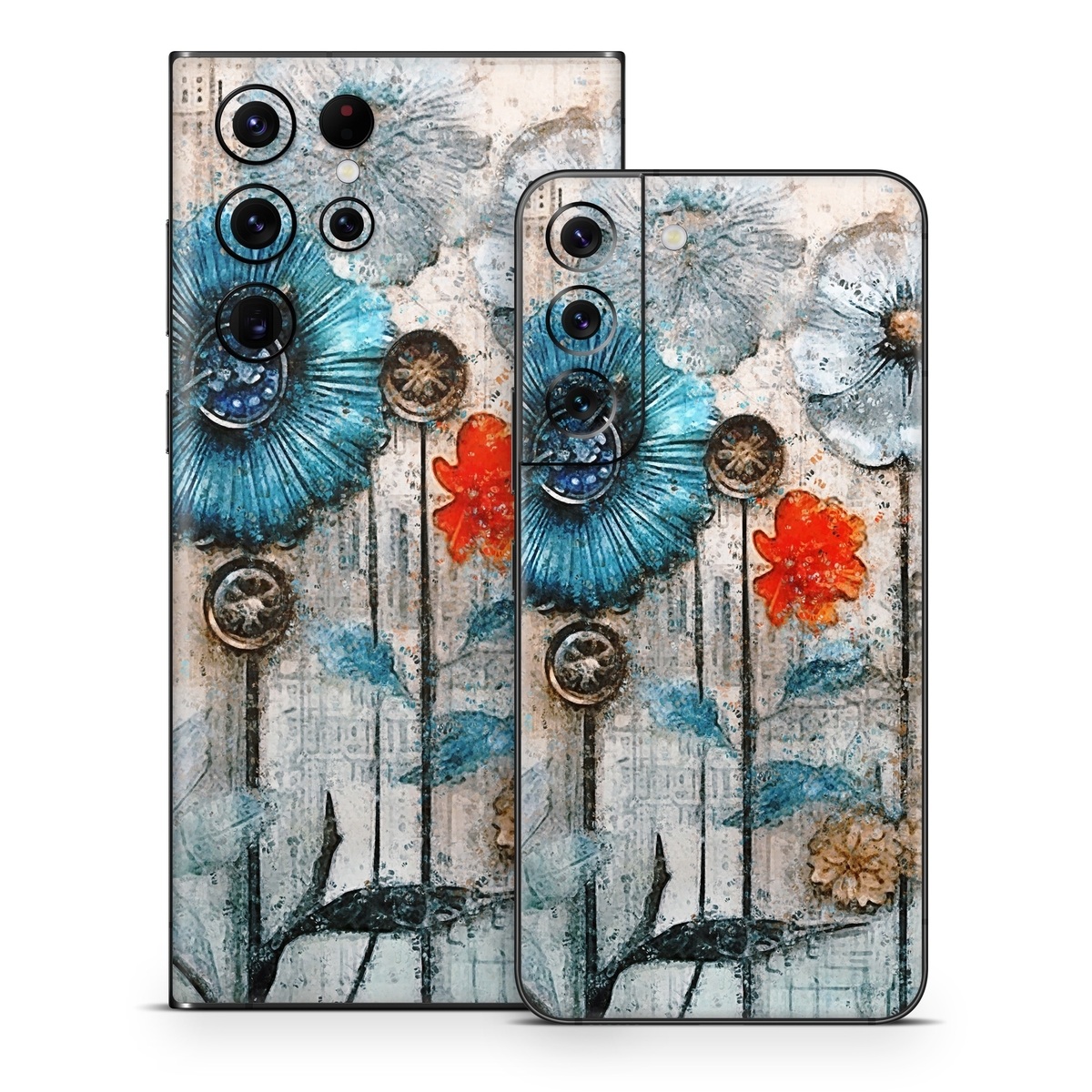 Samsung Galaxy S22 Series Skin design of Plant, Blue, Petal, Textile, Paint, Flower, Art, Creative arts, Pattern, Rectangle, with white, brown, black, yellow, blue, red, gray colors