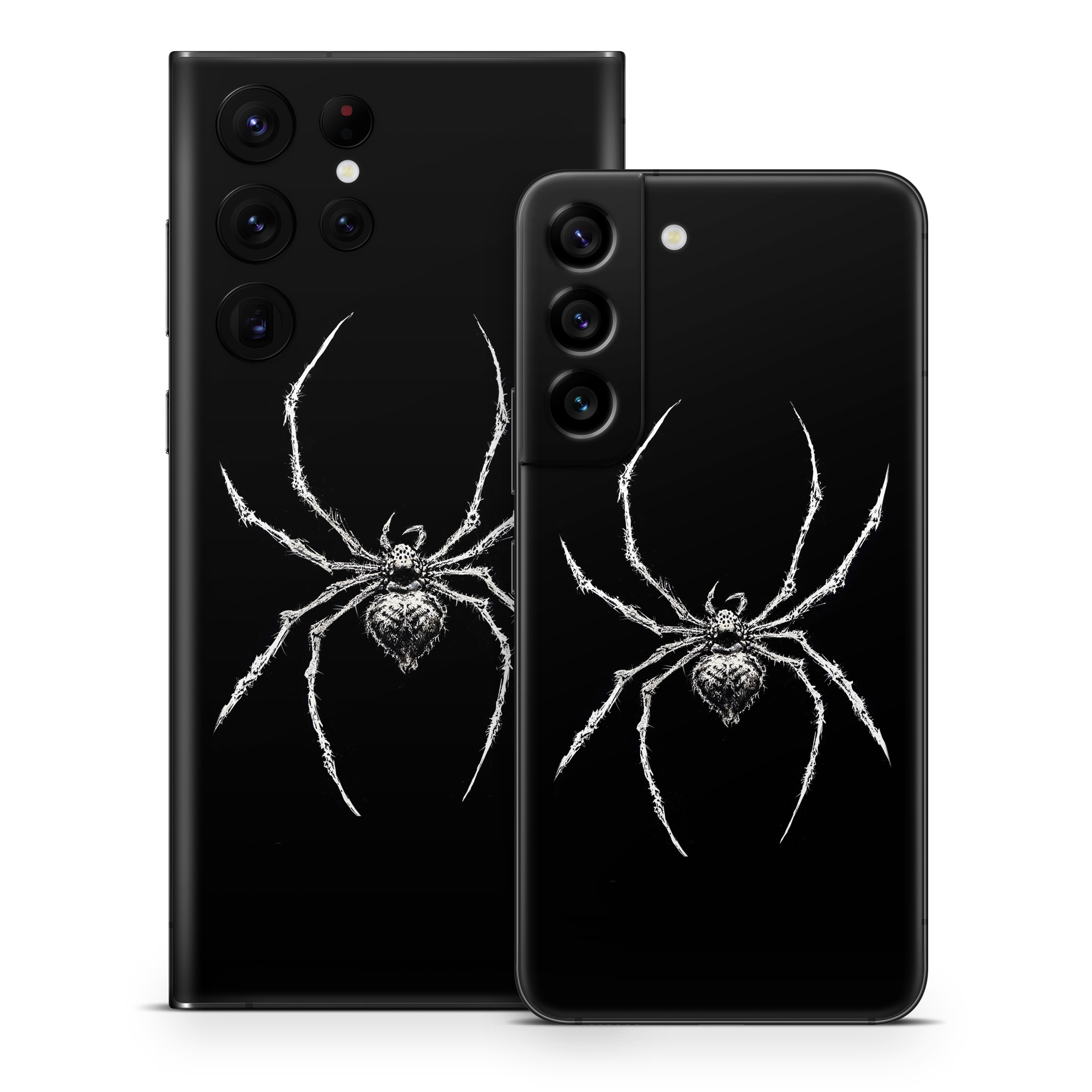 Samsung Galaxy S22 Series Skin design of Arthropod, Spider, Insect, Spider web, Terrestrial animal, Arachnid, Invertebrate, Tangle-web spider, Symmetry, Terrestrial plant, with black, white, gray colors