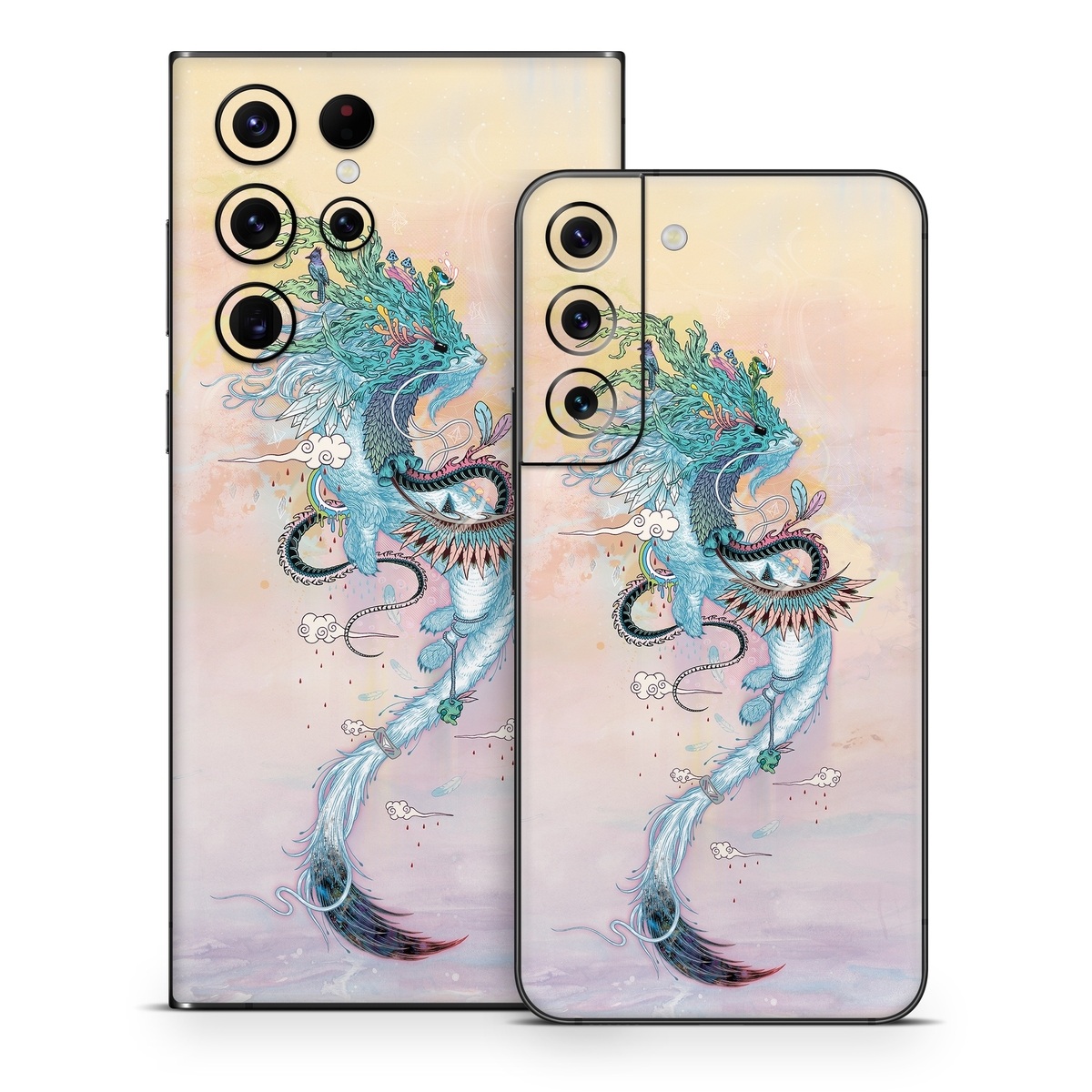 Samsung Galaxy S22 Series Skin design of Illustration, Water, Watercolor paint, Art, Fictional character, Graphic design, Mythology, Visual arts, Painting, Drawing, with yellow, pink, blue, green colors