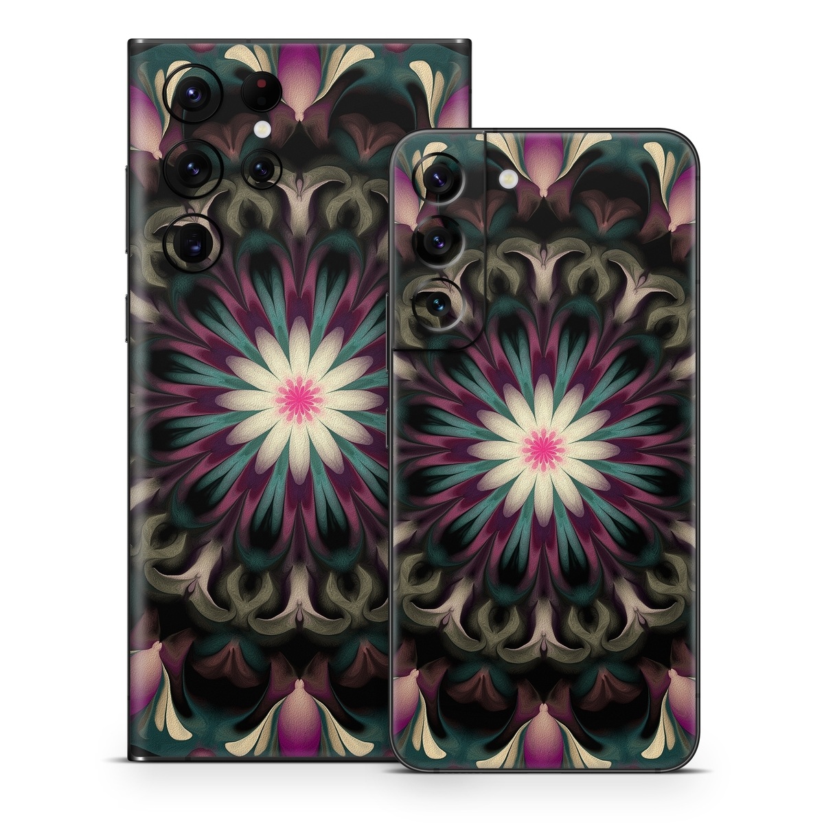 Samsung Galaxy S22 Series Skin design of Fractal art, Pattern, Pink, Psychedelic art, Art, Kaleidoscope, Design, Symmetry, Visual arts, Textile, with black, purple, white, green, blue colors
