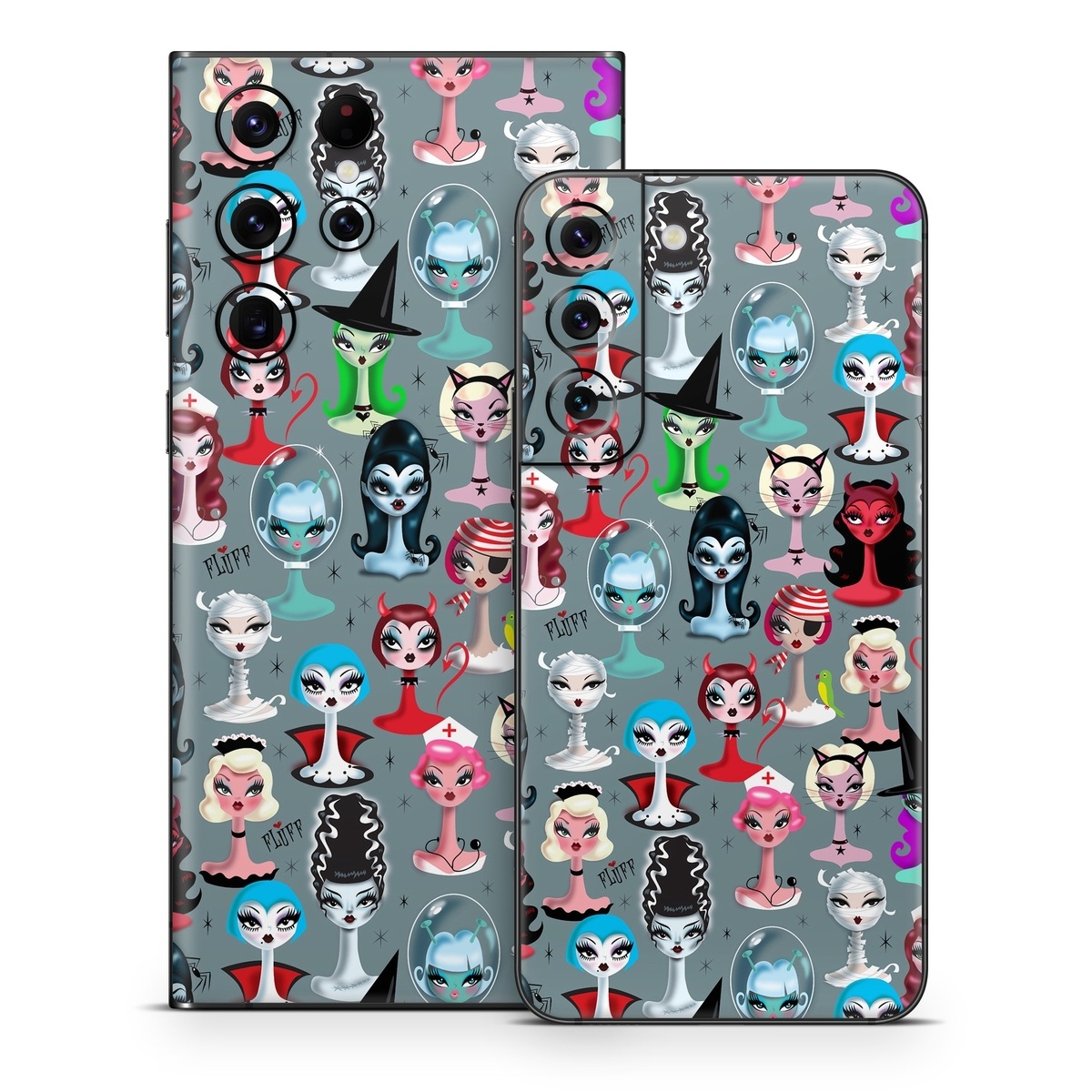 Samsung Galaxy S22 Series Skin design of Facial expression, Head, Design, Collection, Fictional character, Pattern, Skull, Illustration, Collage, Style, with gray, white, red, blue, green, black, pink, purple colors