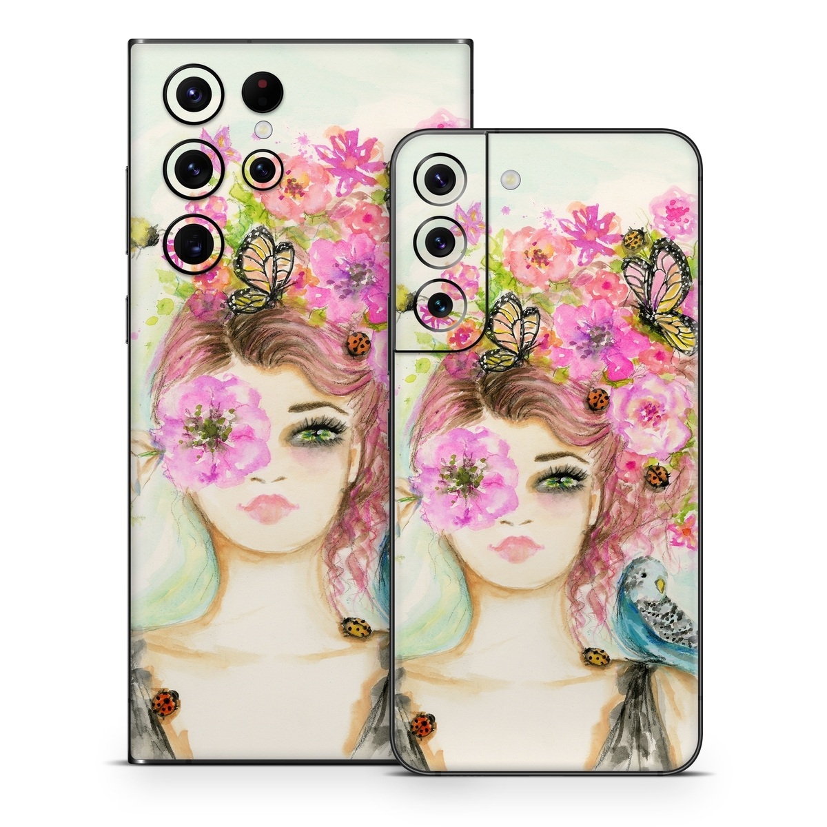 Samsung Galaxy S22 Series Skin design of Pink, Illustration, Fashion illustration, Watercolor paint, Fictional character, Dress, Hair accessory, Wildflower, Costume, Plant, with blue, pink, yellow, orange, purple, brown, green colors
