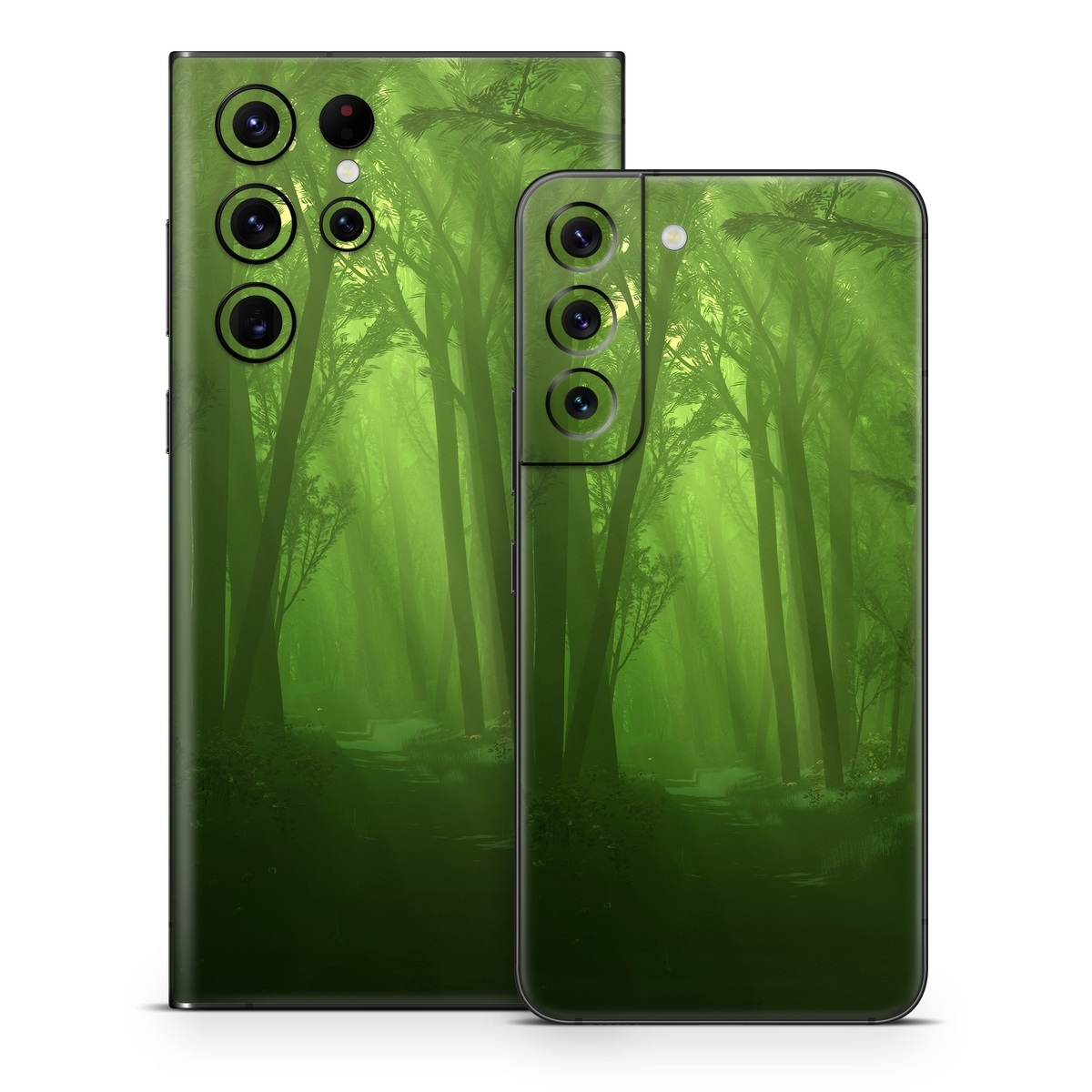 Samsung Galaxy S22 Series Skin design of Nature, Green, Forest, Old-growth forest, Woodland, Natural environment, Vegetation, Tree, Natural landscape, Atmospheric phenomenon, with black, green colors