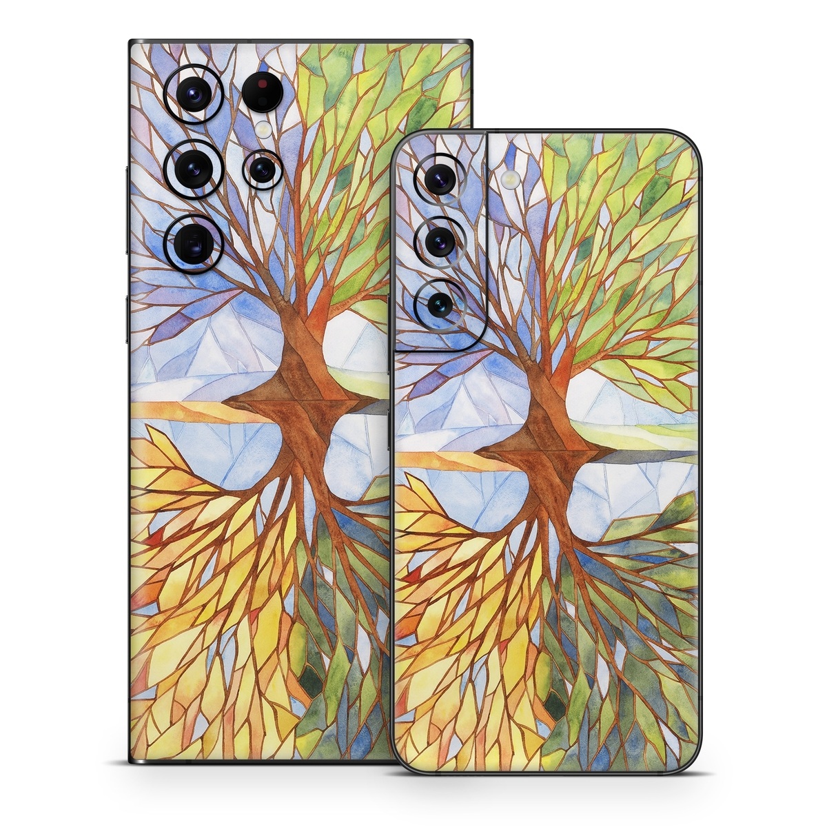 Samsung Galaxy S22 Series Skin design of Leaf, Tree, Botany, Plant, Symmetry, Art, Pattern, Painting, Plant stem, Plane, with blue, brown, orange, yellow, red, purple colors