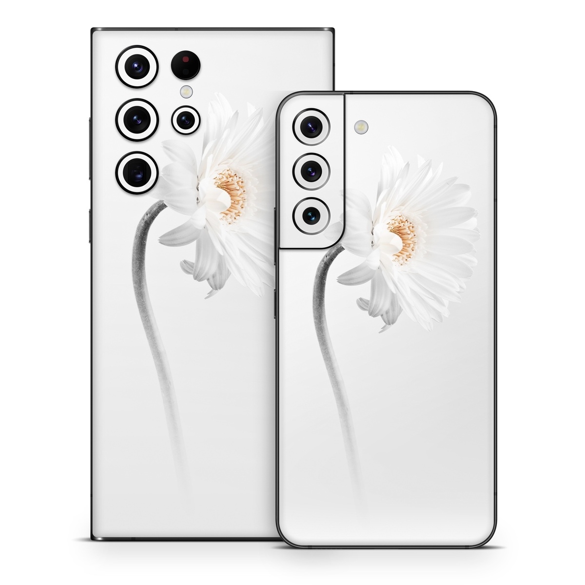 Samsung Galaxy S22 Series Skin design of White, Hair accessory, Headpiece, Gerbera, Petal, Flower, Plant, Still life photography, Headband, Fashion accessory, with white, gray colors
