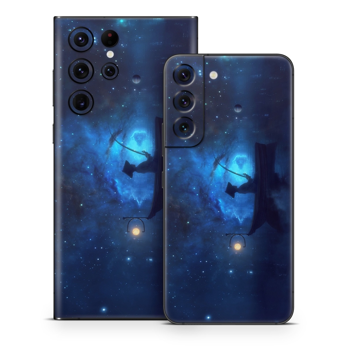Samsung Galaxy S22 Series Skin design of Sky, Night, Atmosphere, Light, Atmospheric phenomenon, Darkness, Screenshot, Space, Midnight, Moonlight, with white, blue, black, green, orange colors