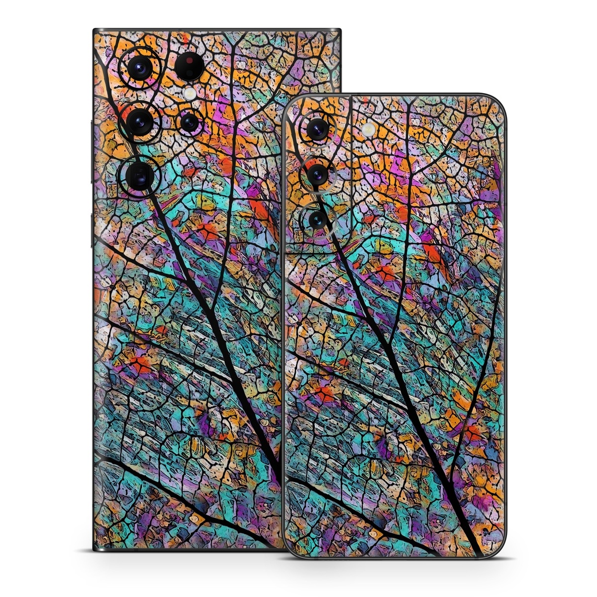 Samsung Galaxy S22 Series Skin design of Pattern, Colorfulness, Line, Branch, Tree, Leaf, Design, Visual arts, Glass, Plant, with black, gray, red, blue, green colors