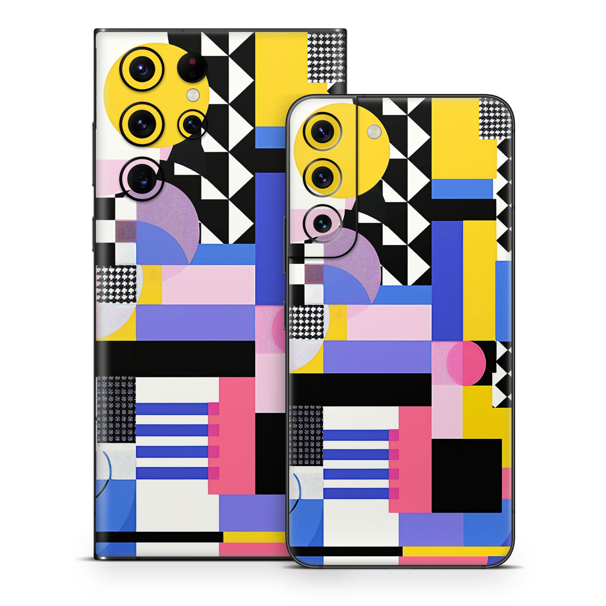 Samsung Galaxy S22 Series Skin design of White, Black, Rectangle, Font, Art, Red, Pattern, Tints and shades, Circle, Electric blue, with blue, white, black, yellow, pink, purple colors