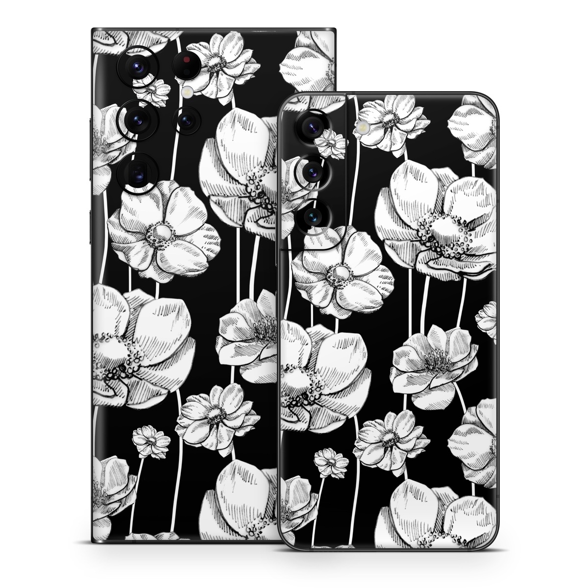 Samsung Galaxy S22 Series Skin design of Flower, Black-and-white, Plant, Botany, Petal, Design, Wildflower, Monochrome photography, Pattern, Monochrome, with black, gray, white colors