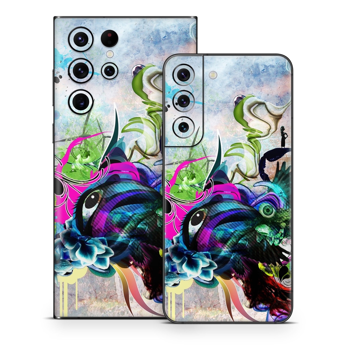 Samsung Galaxy S22 Series Skin design of Graphic design, Psychedelic art, Art, Illustration, Purple, Visual arts, Graffiti, Street art, Design, Painting, with gray, black, blue, green, purple colors