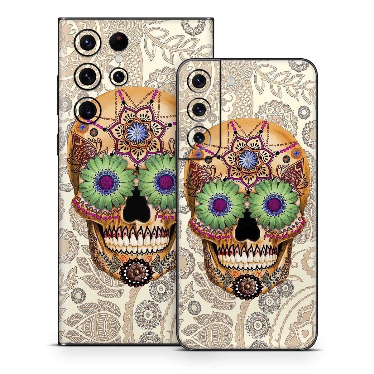 Samsung Galaxy S22 Series Skin design of Skull, Bone, Pattern, Design, Illustration, Visual arts, Fashion accessory, Art, with gray, yellow, green, black, red, pink colors