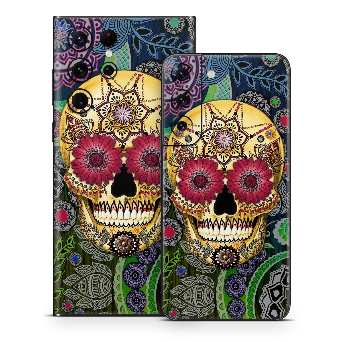 Samsung Galaxy S22 Series Skin design of Skull, Bone, Pattern, Psychedelic art, Visual arts, Design, Illustration, Art, Textile, Plant, with black, red, gray, green, blue colors