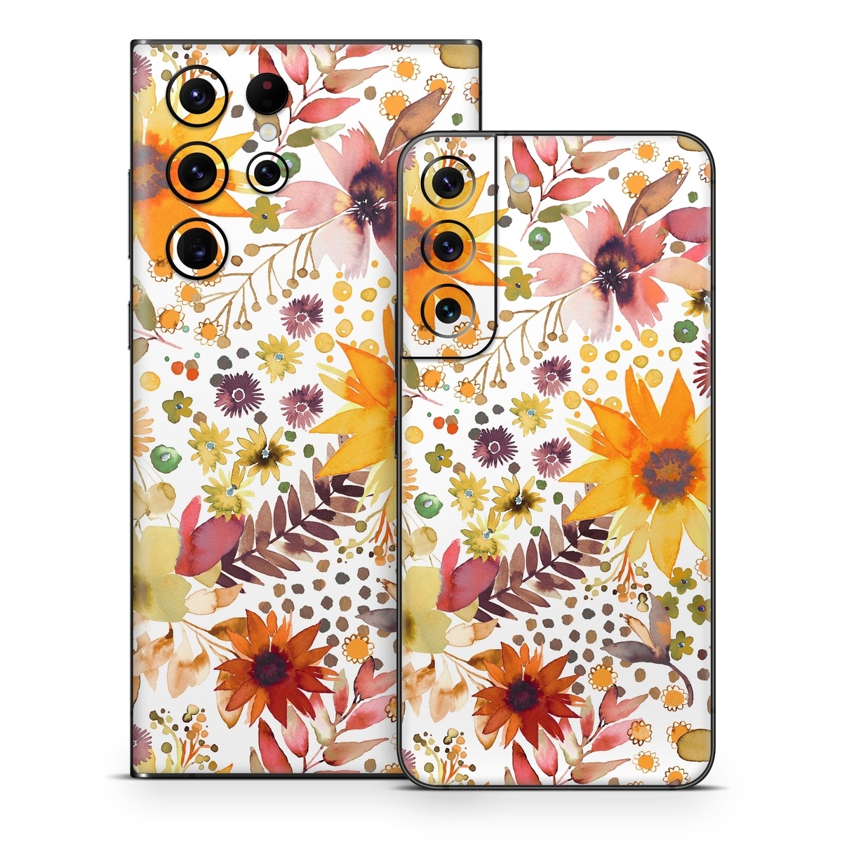 Samsung Galaxy S22 Series Skin design of Flower, Plant, Petal, Botany, Textile, Orange, Line, Groundcover, Creative arts, Flowering plant, with white, yellow, pink, green, brown, orange colors