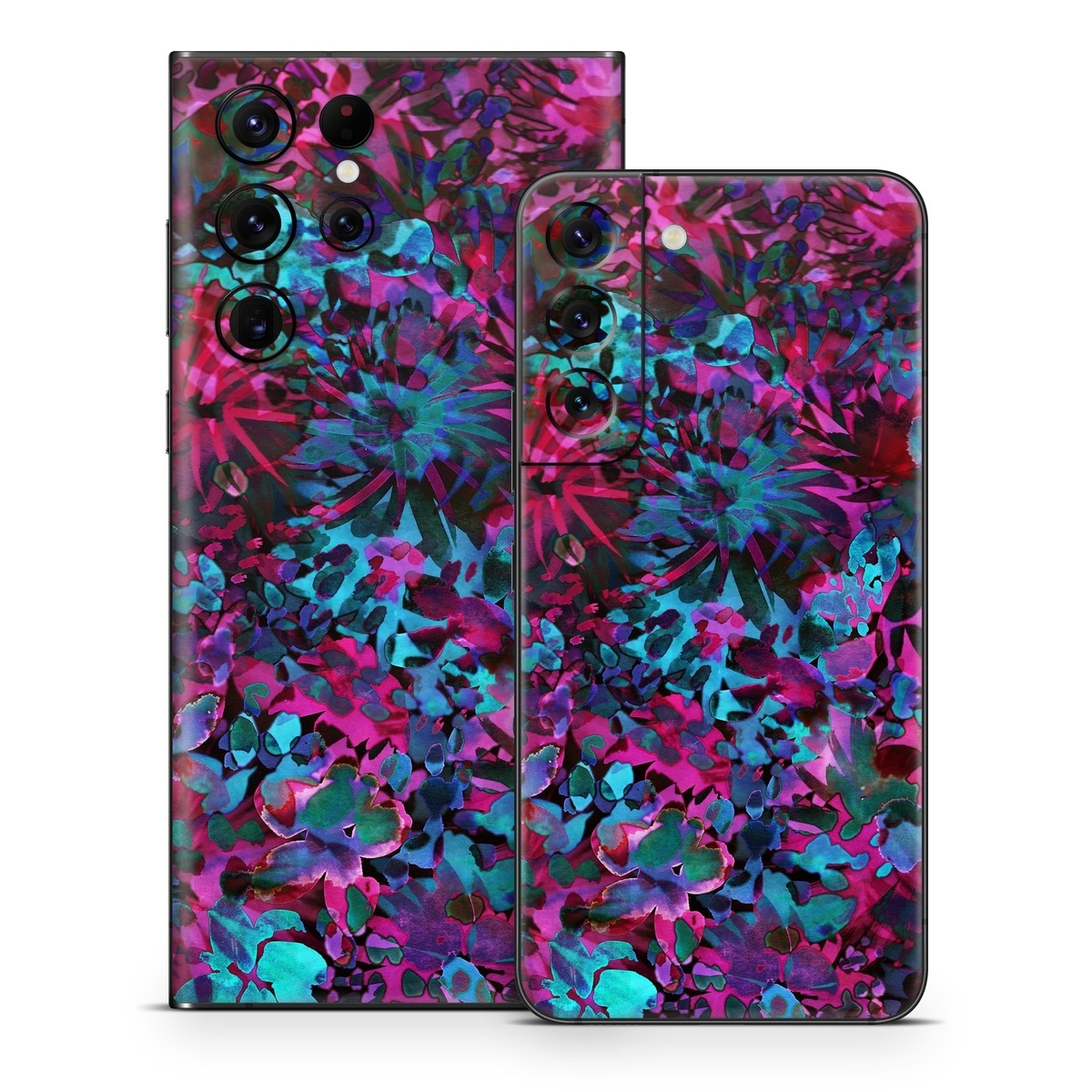 Samsung Galaxy S22 Series Skin design of Pink, Purple, Violet, Lilac, Flower, Leaf, Plant, Magenta, Botany, Pattern, with black, pink, purple, blue, green colors