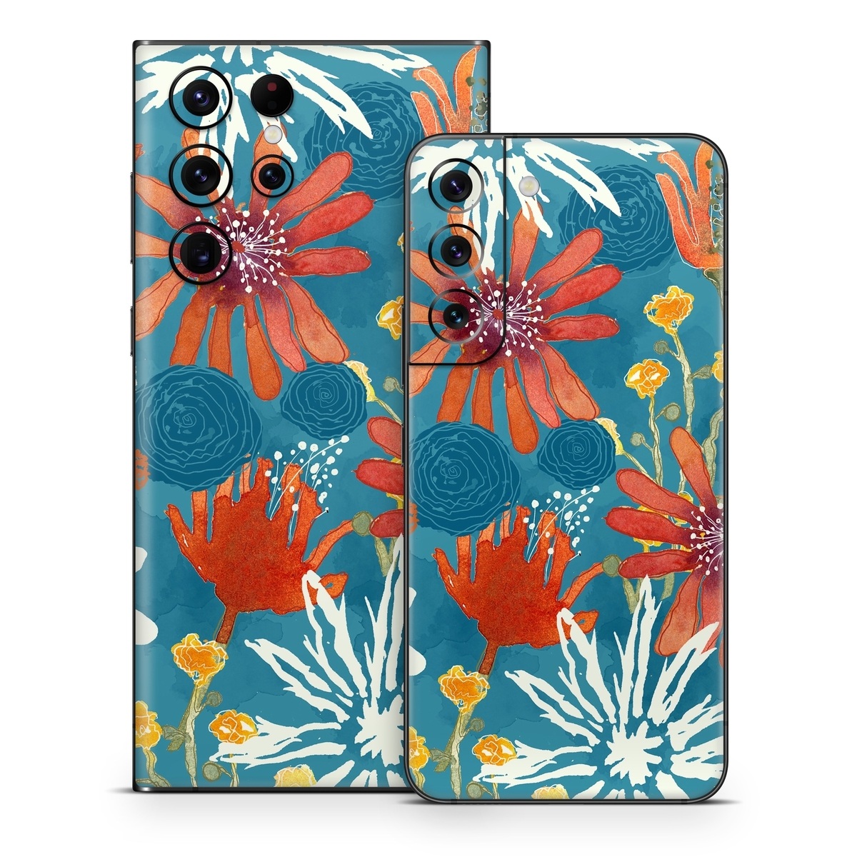 Samsung Galaxy S22 Series Skin design of Pattern, Visual arts, Wrapping paper, Design, Wildflower, Floral design, Textile, Flower, Plant, Motif, with blue, red, gray, yellow, green colors