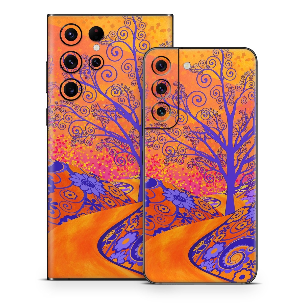 Samsung Galaxy S22 Series Skin design of Blue, Orange, Art, Acrylic paint, Modern art, Pattern, Visual arts, Painting, Majorelle blue, Psychedelic art, with orange, yellow, red, purple colors