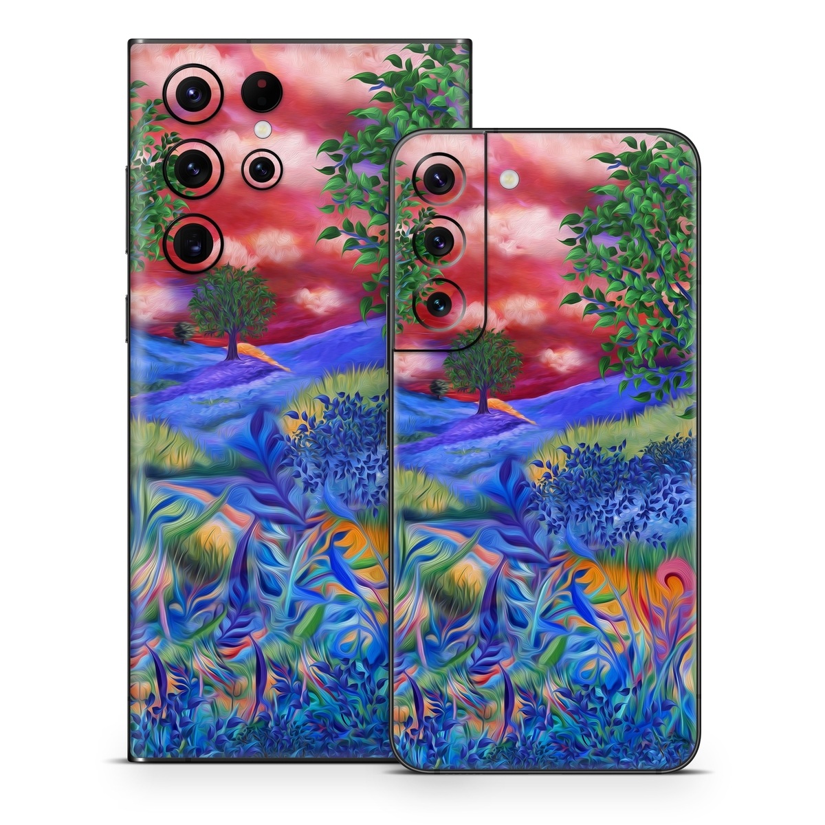 Samsung Galaxy S22 Series Skin design of Art paint, Plant, Plant community, Paint, Natural landscape, People in nature, Vegetation, Grass, Art, Painting, with blue, red, green, orange, yellow, pink, white colors
