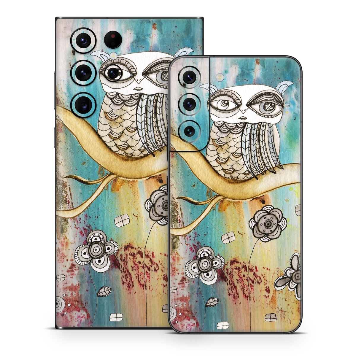 Samsung Galaxy S22 Series Skin design of Owl, Pink, Illustration, Art, Visual arts, Watercolor paint, Organism, Modern art, Graphic design, Pattern, with gray, red, green, black, blue, purple colors