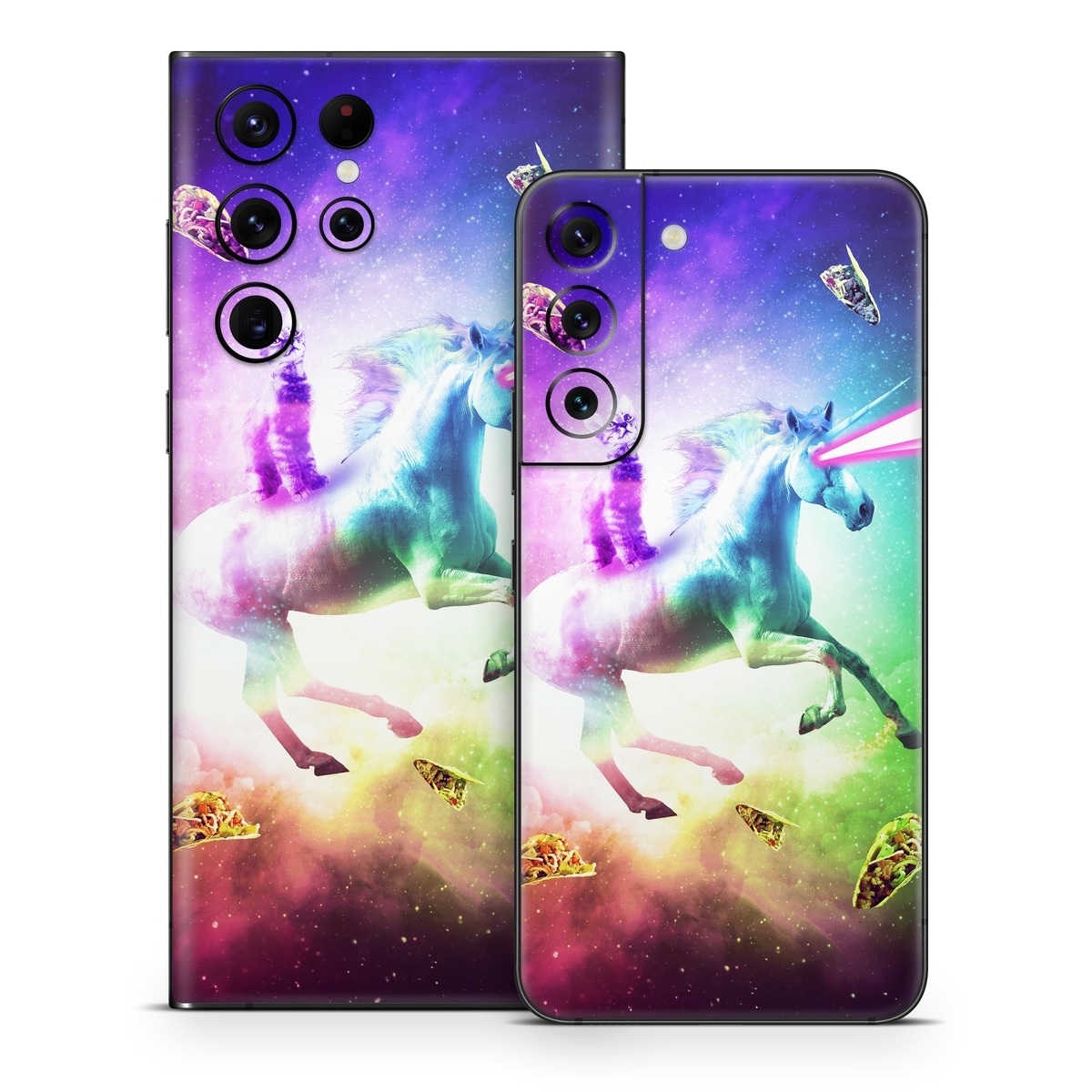 Samsung Galaxy S22 Series Skin design of Fictional character, Illustration, Unicorn, Graphic design, Sky, Space, Mythical creature, Cg artwork, Art, Mythology, with black, white, blue, green, purple, pink, red colors