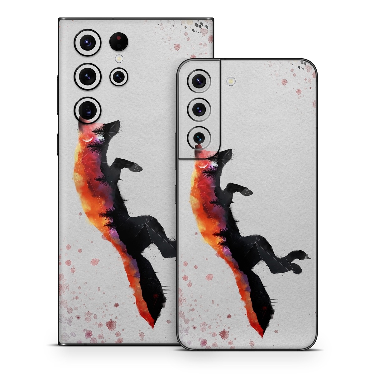 Samsung Galaxy S22 Series Skin design of Illustration, Watercolor paint, Art, Graphic design, Painting, Red fox, Visual arts, Paint, Drawing, Tail, with gray, black, red, yellow, orange, white colors