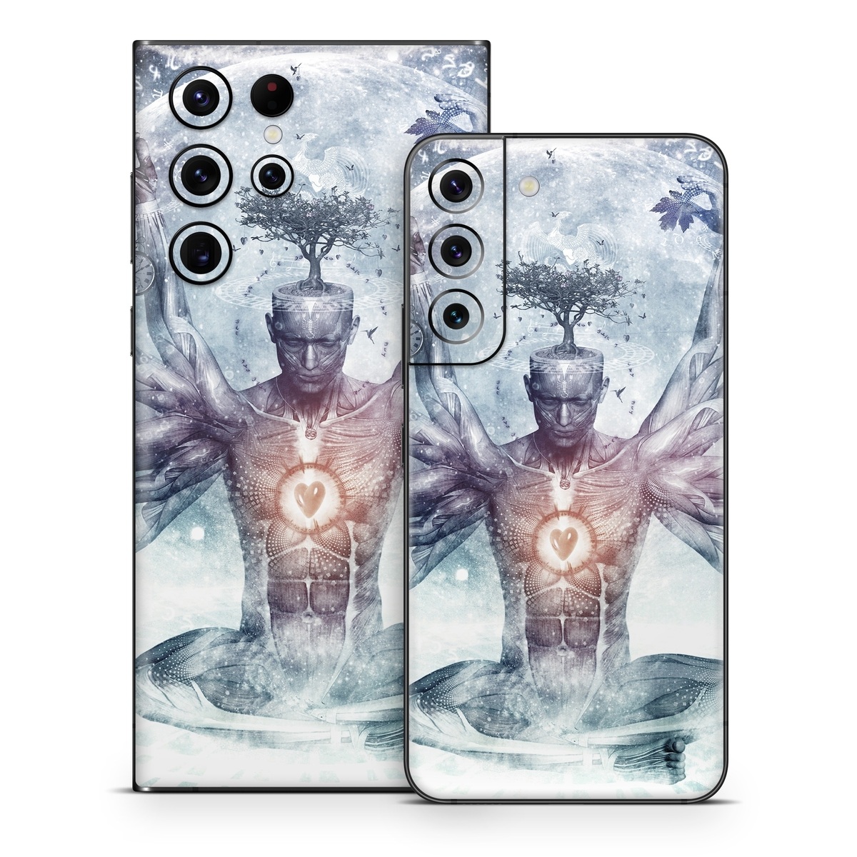 Samsung Galaxy S22 Series Skin design of Mythology, Cg artwork, Water, Illustration, Fictional character, Space, Graphics, Art, Graphic design, with blue, red, orange, black, white colors