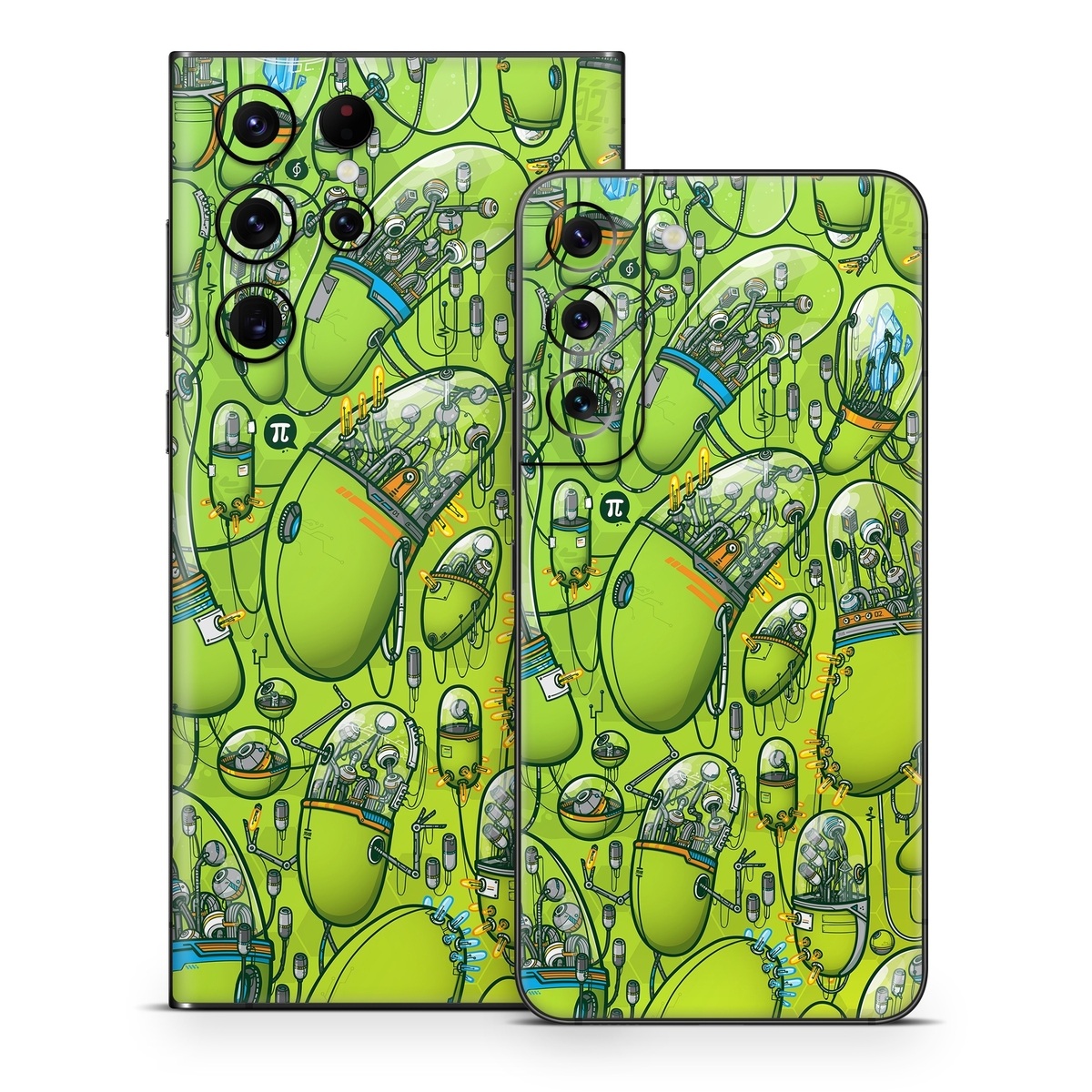 Samsung Galaxy S22 Series Skin design of Green, Pattern, Yellow, Design, Illustration, Plant, Art, Graphic design, Urban design, with green, blue, gray, yellow, orange colors