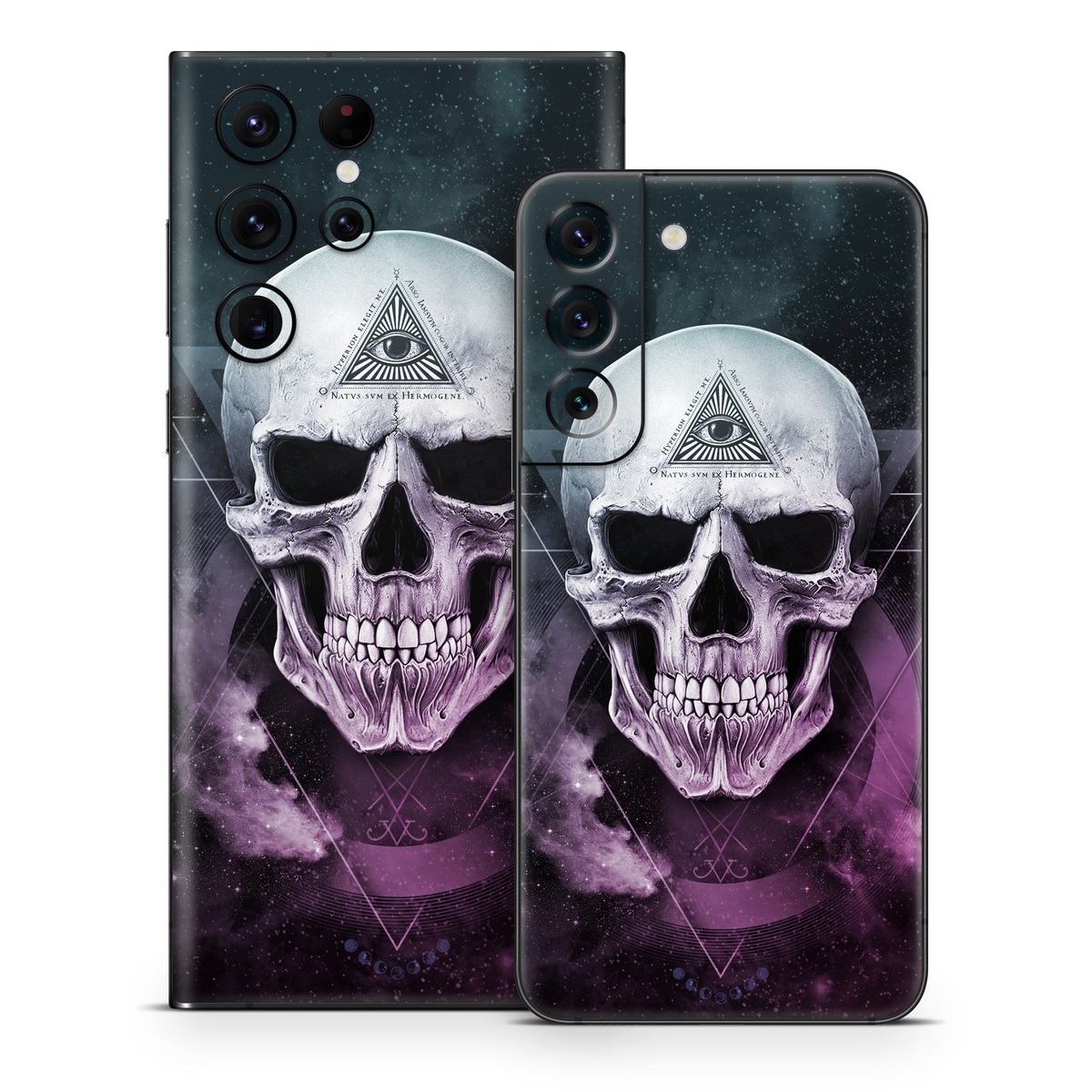 Samsung Galaxy S22 Series Skin design of Skull, Bone, Illustration, Font, Jaw, Fictional character, Graphic design, Graphics, Art, with black, white, gray, purple colors