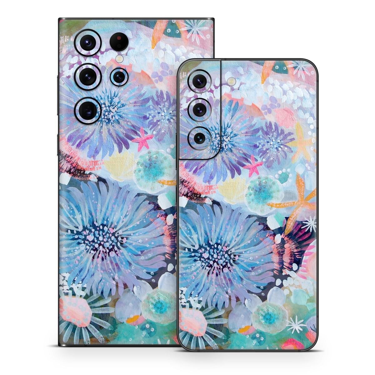 Samsung Galaxy S22 Series Skin design of Pattern, Aqua, Textile, Design, Watercolor paint, Visual arts, Flower, Art, Plant, Illustration, with blue, orange, pink, purple, green, white colors