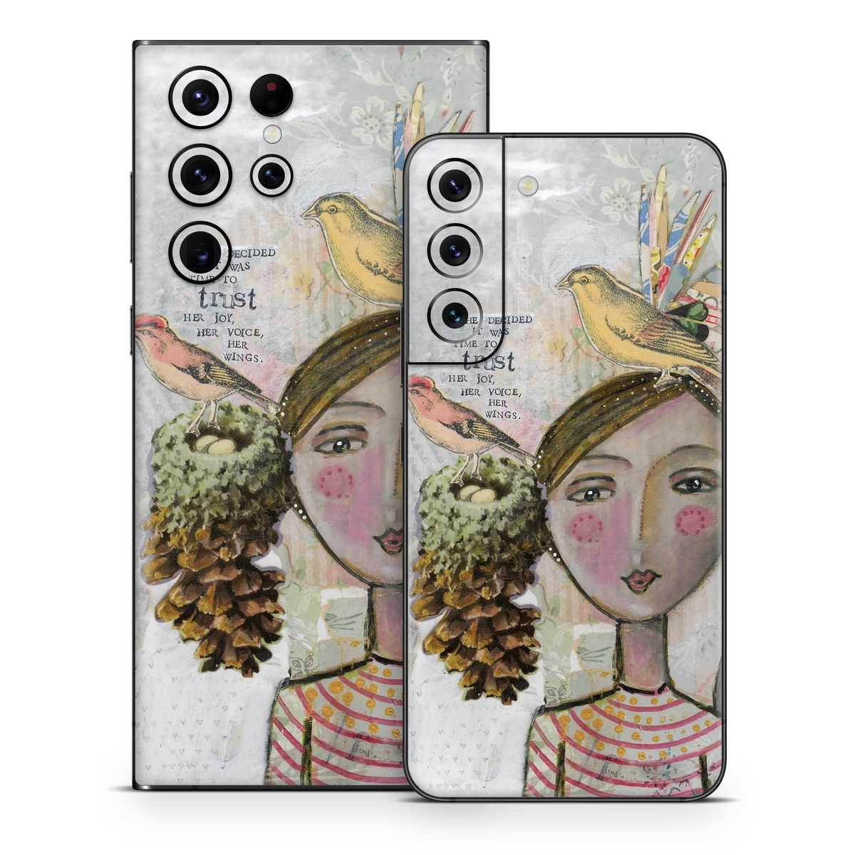 Samsung Galaxy S22 Series Skin design of Watercolor paint, Illustration, Art, Painting, Child art, Fictional character, Visual arts, Fashion illustration, Feather, Drawing, with gray, brown, pink, yellow, red, green, blue colors