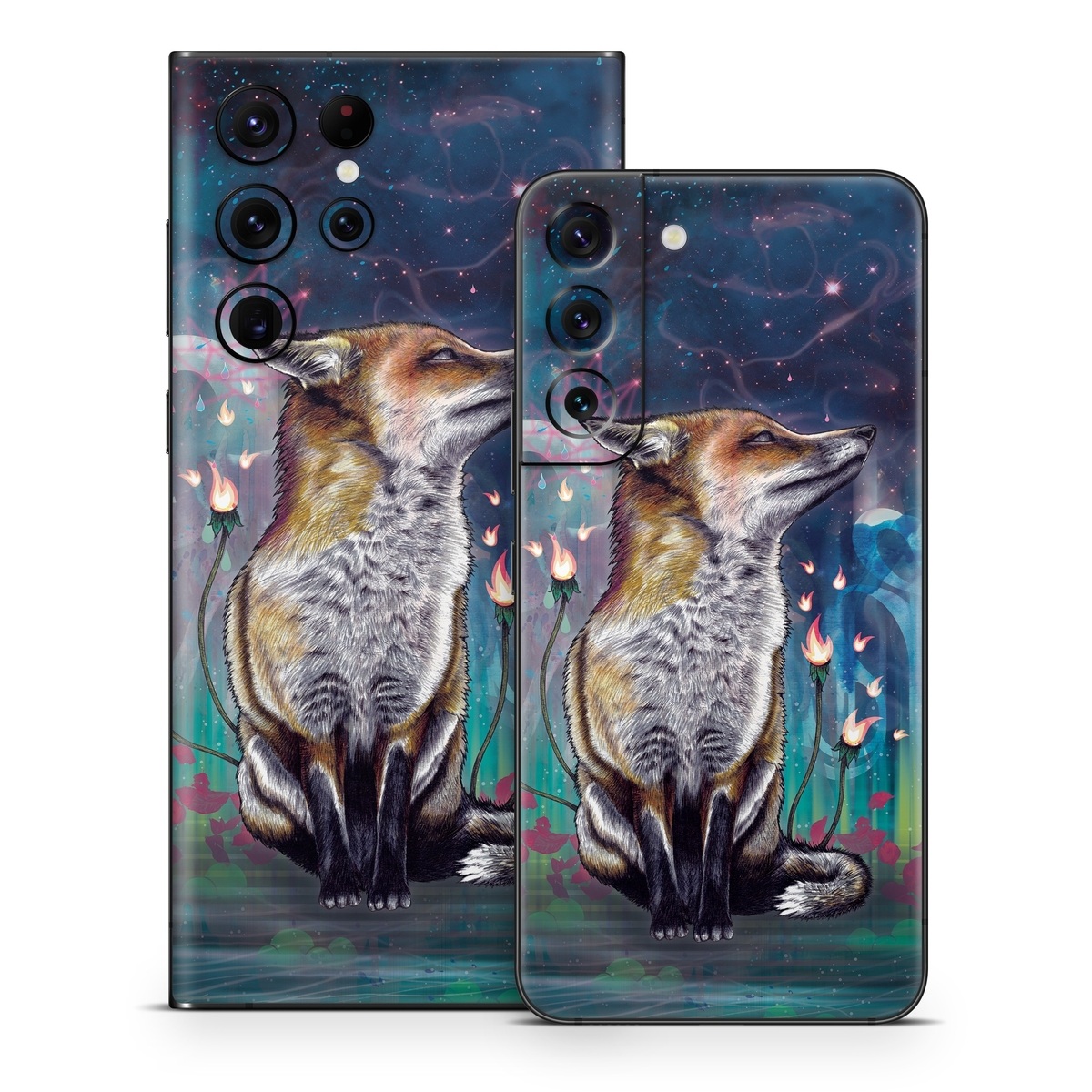 Samsung Galaxy S22 Series Skin design of Red fox, Art, Wildlife, Canidae, Illustration, Fox, Carnivore, Painting, Dhole, Red wolf, with black, gray, blue, red, green colors