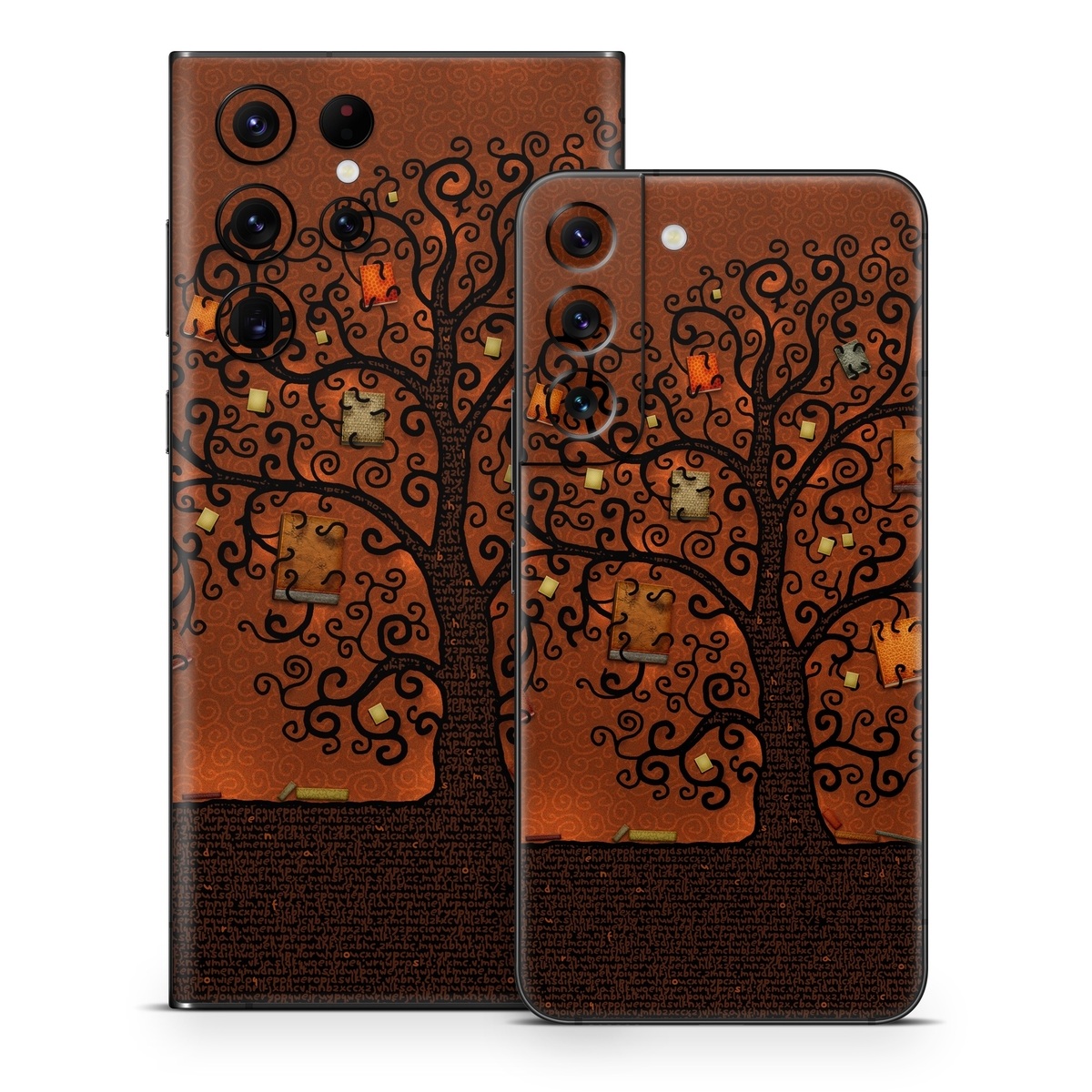 Samsung Galaxy S22 Series Skin design of Tree, Brown, Leaf, Plant, Woody plant, Branch, Visual arts, Font, Pattern, Art, with black colors