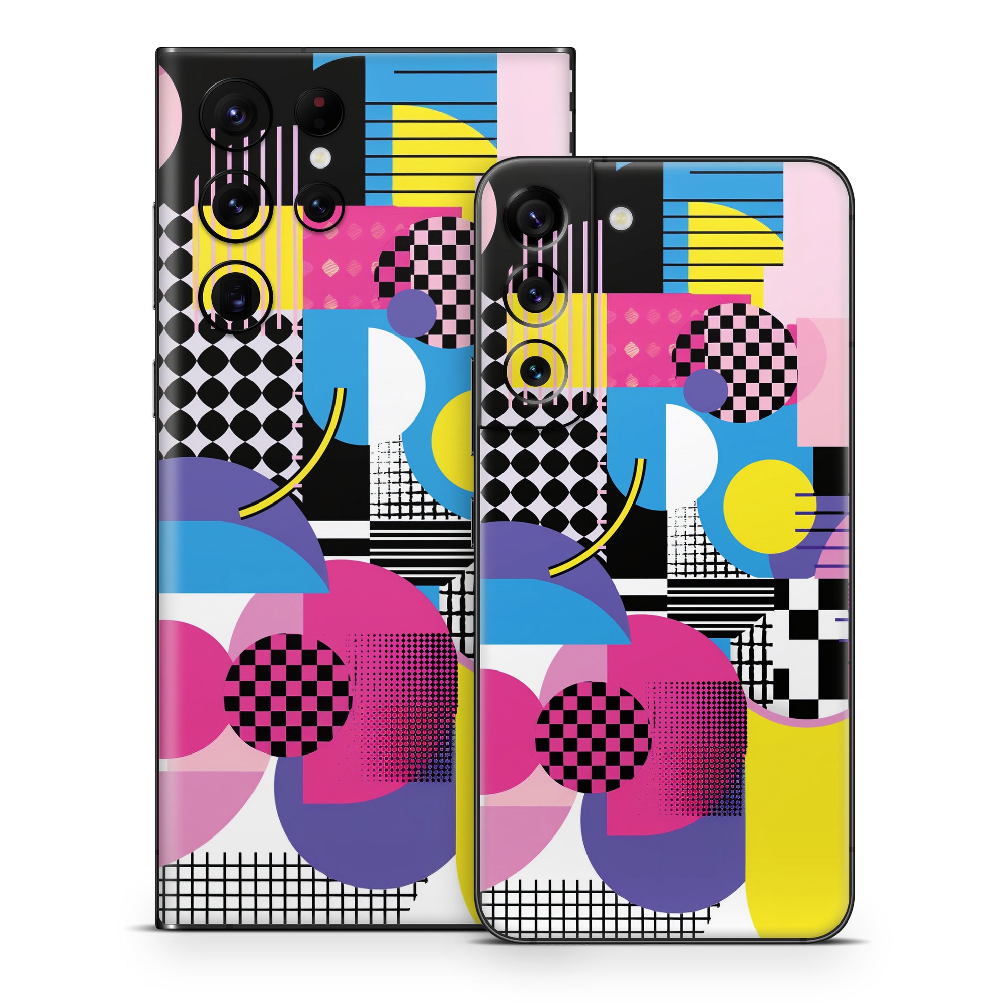 Samsung Galaxy S22 Series Skin design of Rectangle, Textile, Art, Font, Line, Material property, Magenta, Pattern, Circle, Tints and shades, with pink, yellow, white, black, purple, blue colors