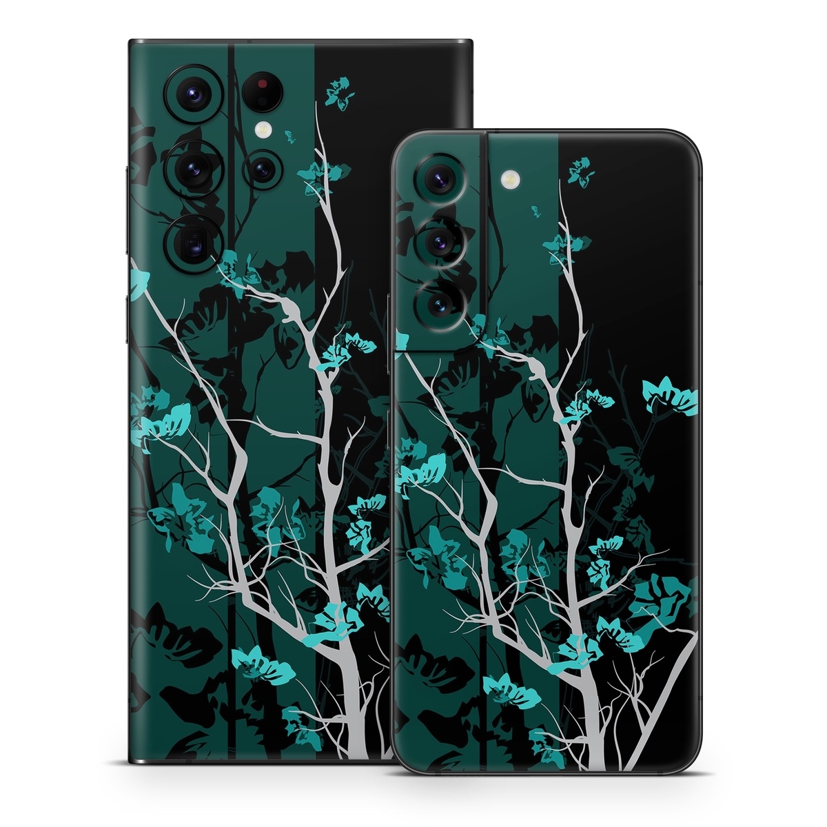 Samsung Galaxy S22 Series Skin design of Branch, Black, Blue, Green, Turquoise, Teal, Tree, Plant, Graphic design, Twig, with black, blue, gray colors