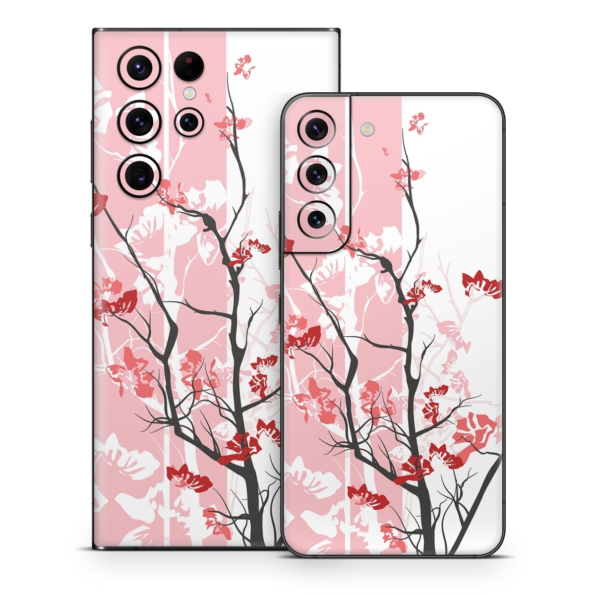 Samsung Galaxy S22 Series Skin design of Branch, Red, Flower, Plant, Tree, Twig, Blossom, Botany, Pink, Spring, with white, pink, gray, red, black colors