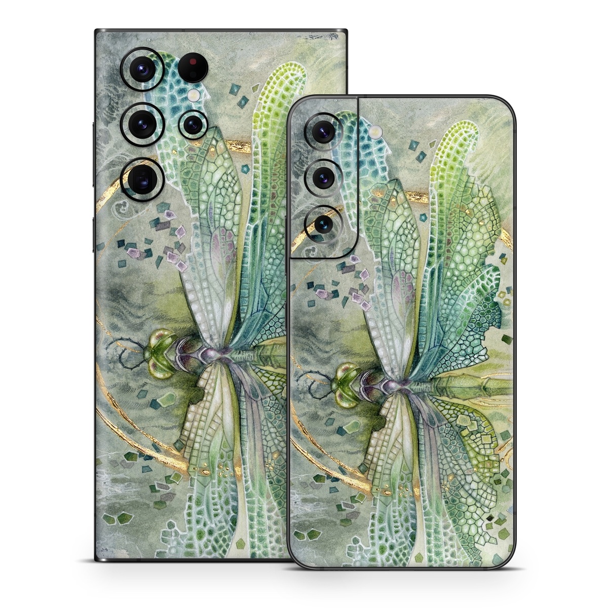 Samsung Galaxy S22 Series Skin design of Green, Painting, Watercolor paint, Water, Acrylic paint, Leaf, Visual arts, Plant, Art, Photography, with green, yellow, blue, gray colors