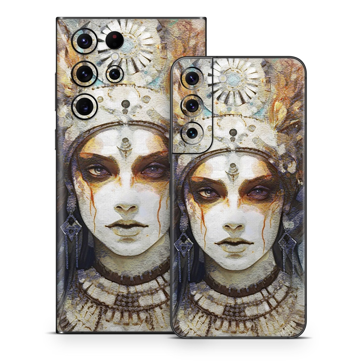 Samsung Galaxy S22 Series Skin design of Eye, Paint, Eyelash, Painting, Art, Headpiece, Beauty, Feather, Illustration, Mask, with white, black, yellow, brown, gray, blue colors