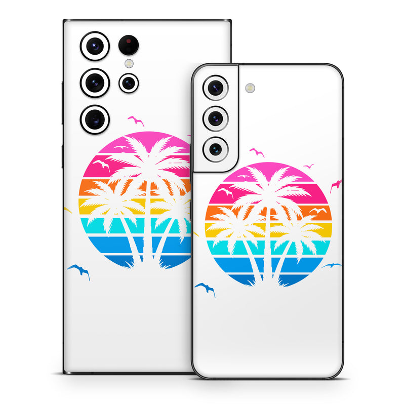 Samsung Galaxy S22 Series Skin design of Palm trees, Graphics, Clip art, Graphic design, with white, pink, orange, yellow, blue colors